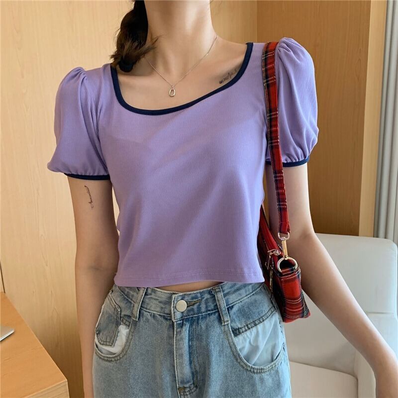 ショートブラウス サマーレッドカラーTシャツ 夏物 スクウェア ハンチェンe83010657205