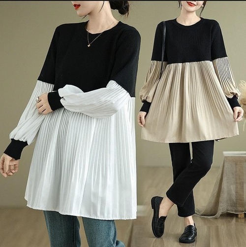 新品 秋冬春 トップス プリーツ チュニック 長袖 カットソー ゆったり