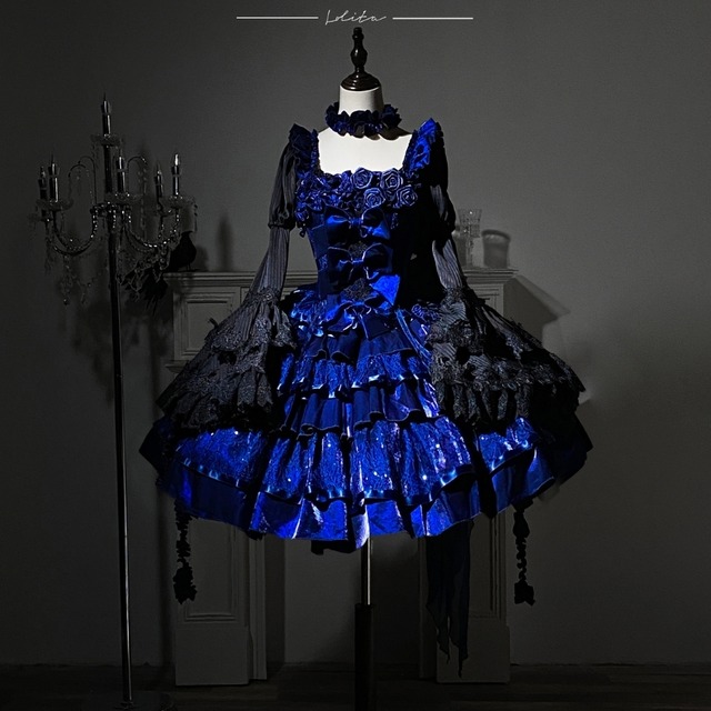 【受注生産】ゴシックロリィタ 薔薇装飾ブルージャンパースカート 永夜薔薇シリーズ