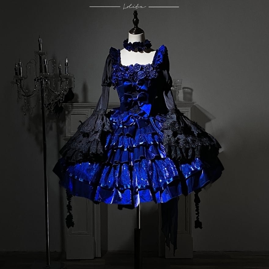 【受注生産】ゴシックロリィタ 薔薇装飾ブルージャンパースカート 永夜薔薇シリーズ