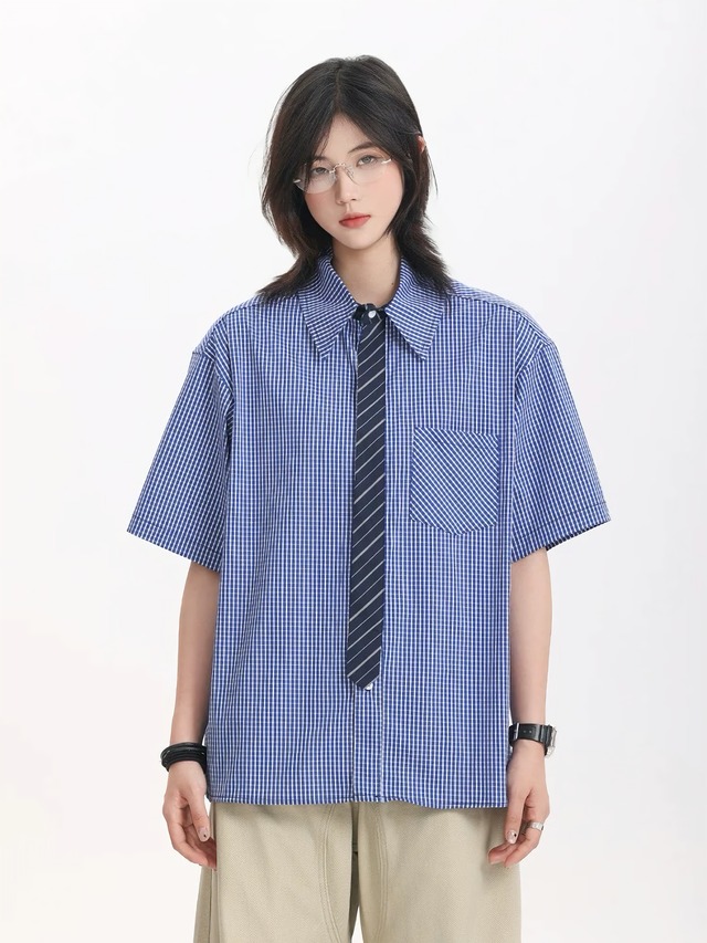 フェイクタイルーズチェックシャツ / Fake Tie Loose Check Shirt