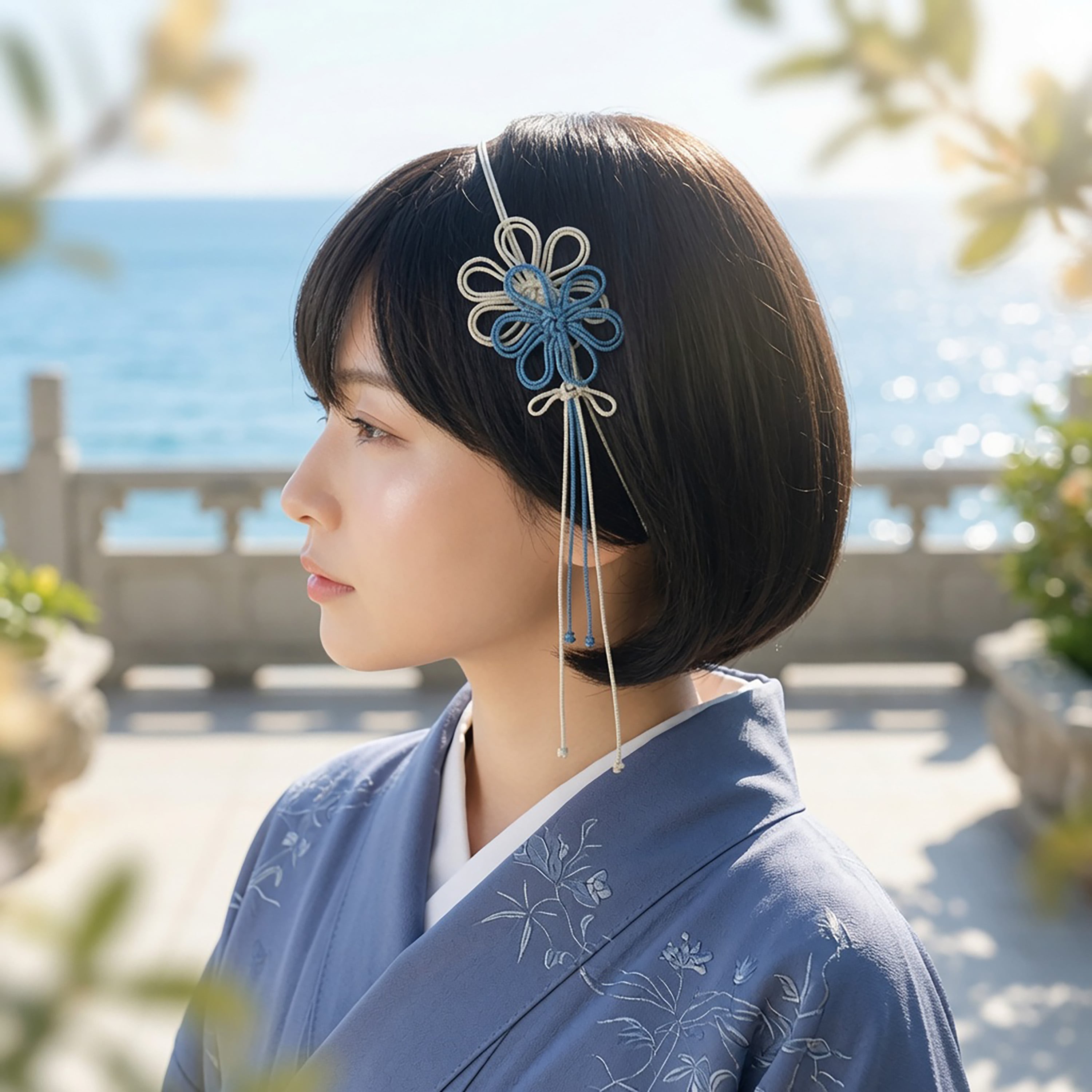 飾り結びカチューム「冴エウタフ爽」(アイボリー×縹)【軽量・簡単】浴衣や着物、日常使いにも。