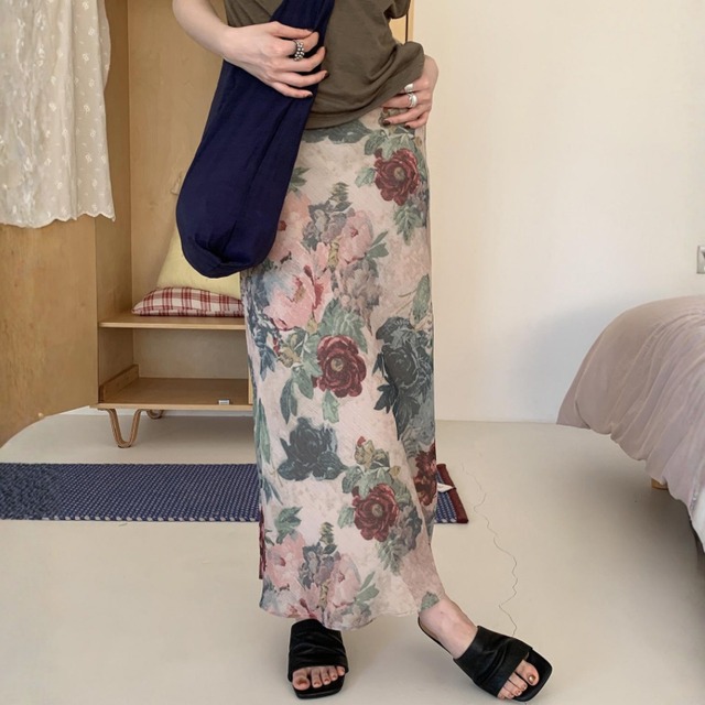 Vintage floral sheer flare skirt　V3017