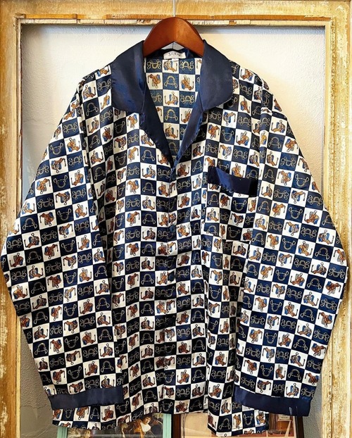 L/S antique pattern silk shirts 【L】