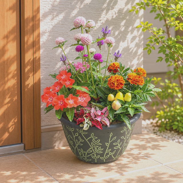 季節の寄せ植え リーフ柄 軽量プラスチック鉢 内径24cm   （グリーン・4色展開）６〜7種類のお花で構成 鉢植え ラッピング不可 ギフトメッセージOK