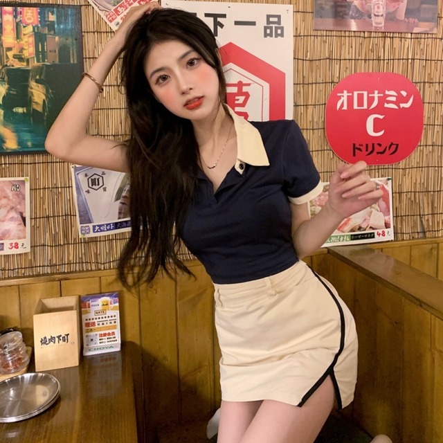 カラー半袖スリーブトップス ハイウェストウェストスカート ショート ハーフスリーブ ハンチェンe94388301702