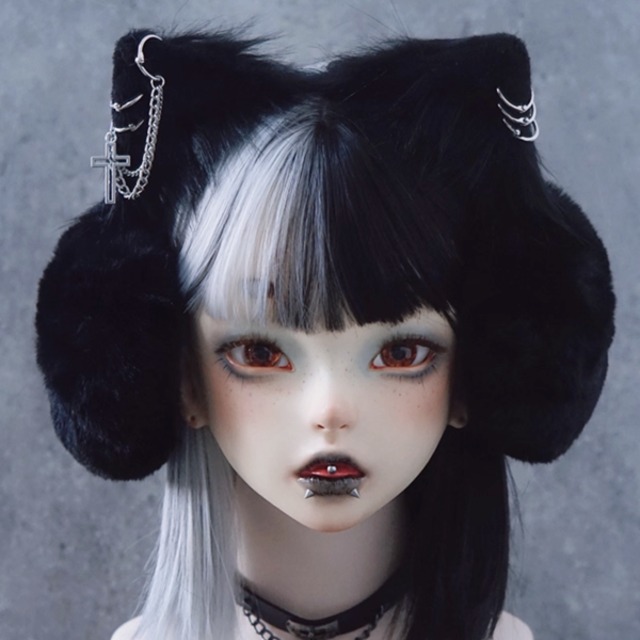 ブラックキャットクロスチェーンモフモフパンクイヤーマフ（lli_6435）
