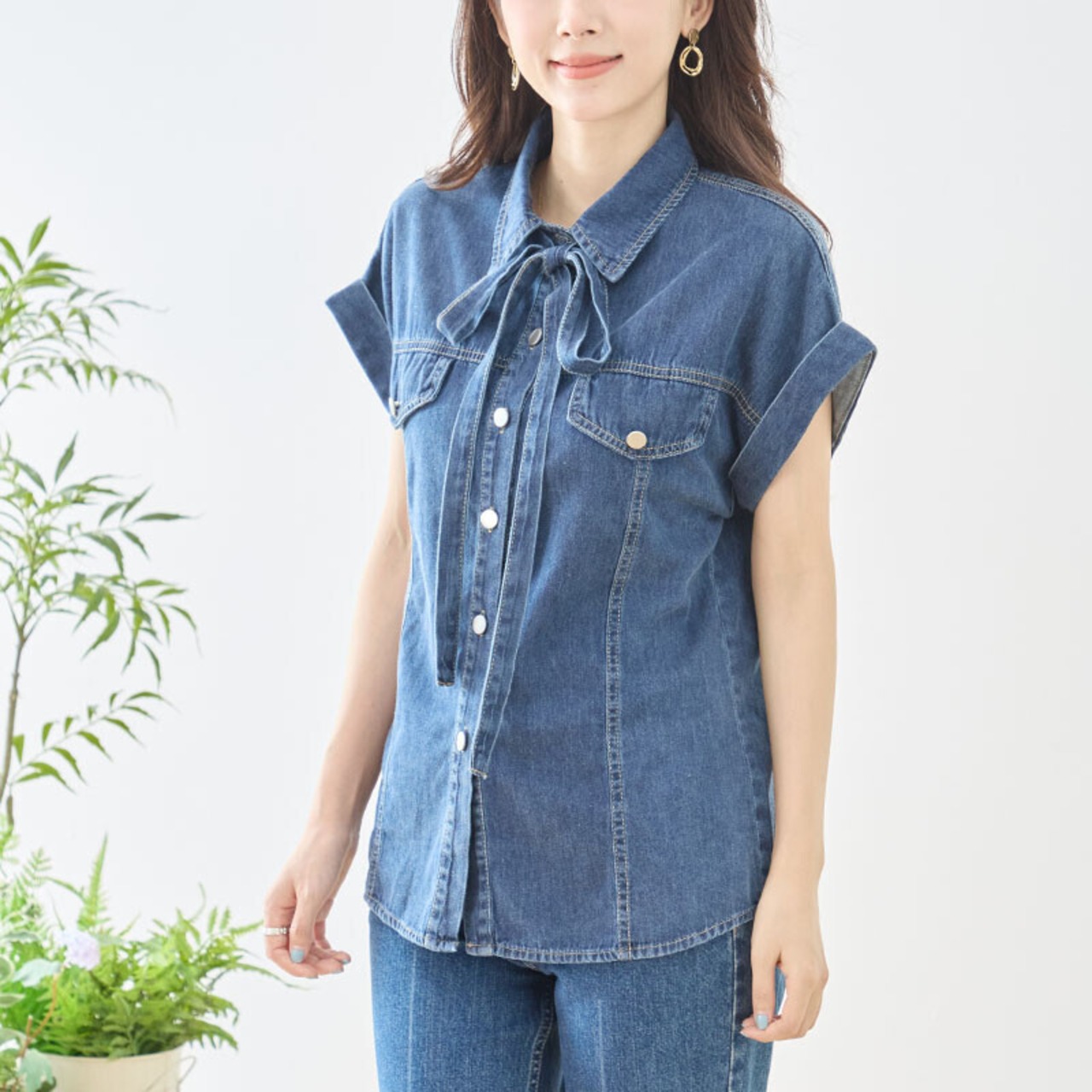 TRUBE フロントリボンフレンチスリーブデニムシャツ【M~L】デニムブルー
