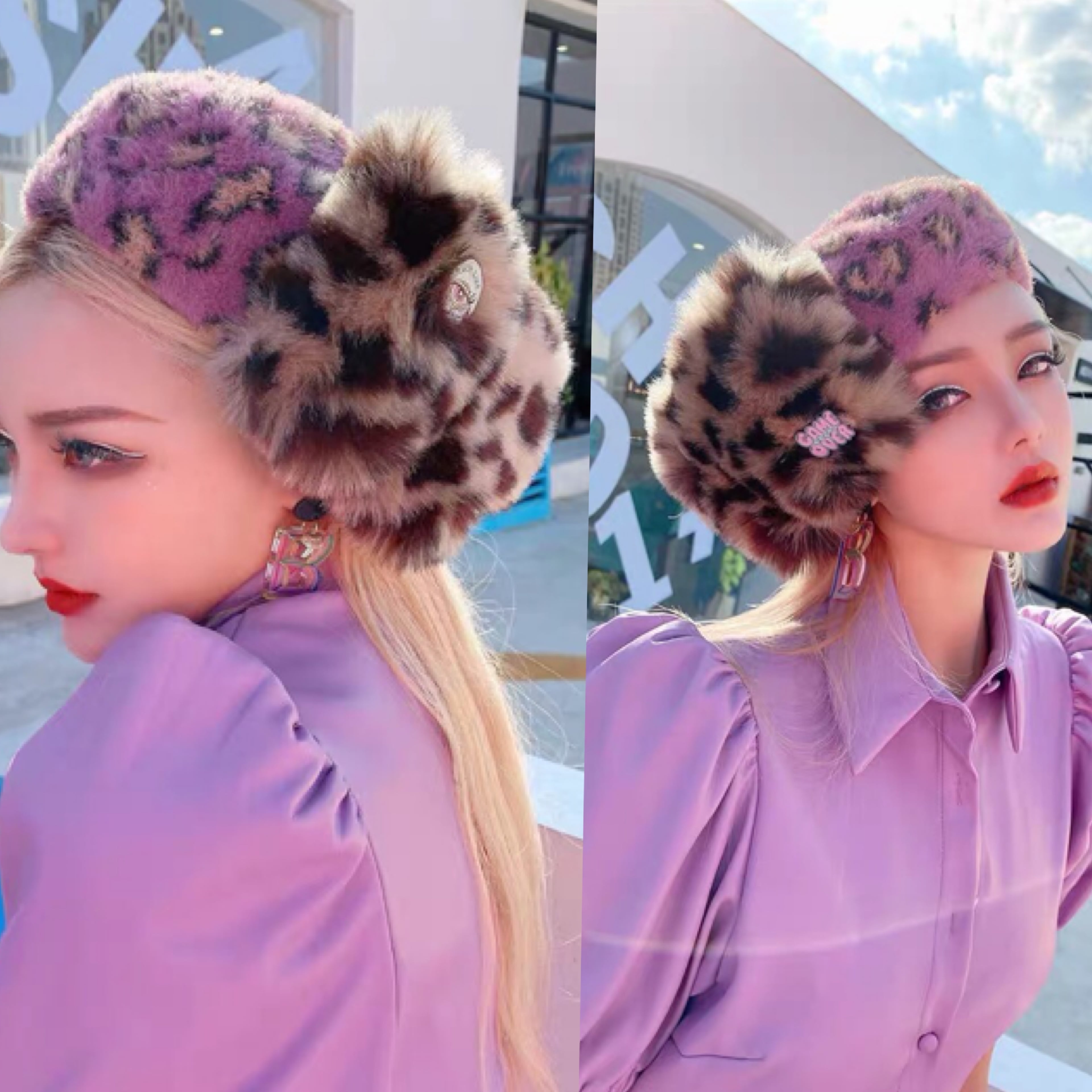 帽子 レオパード ヒョウ柄 ファー モヘア アクセサリー 紫 パープル