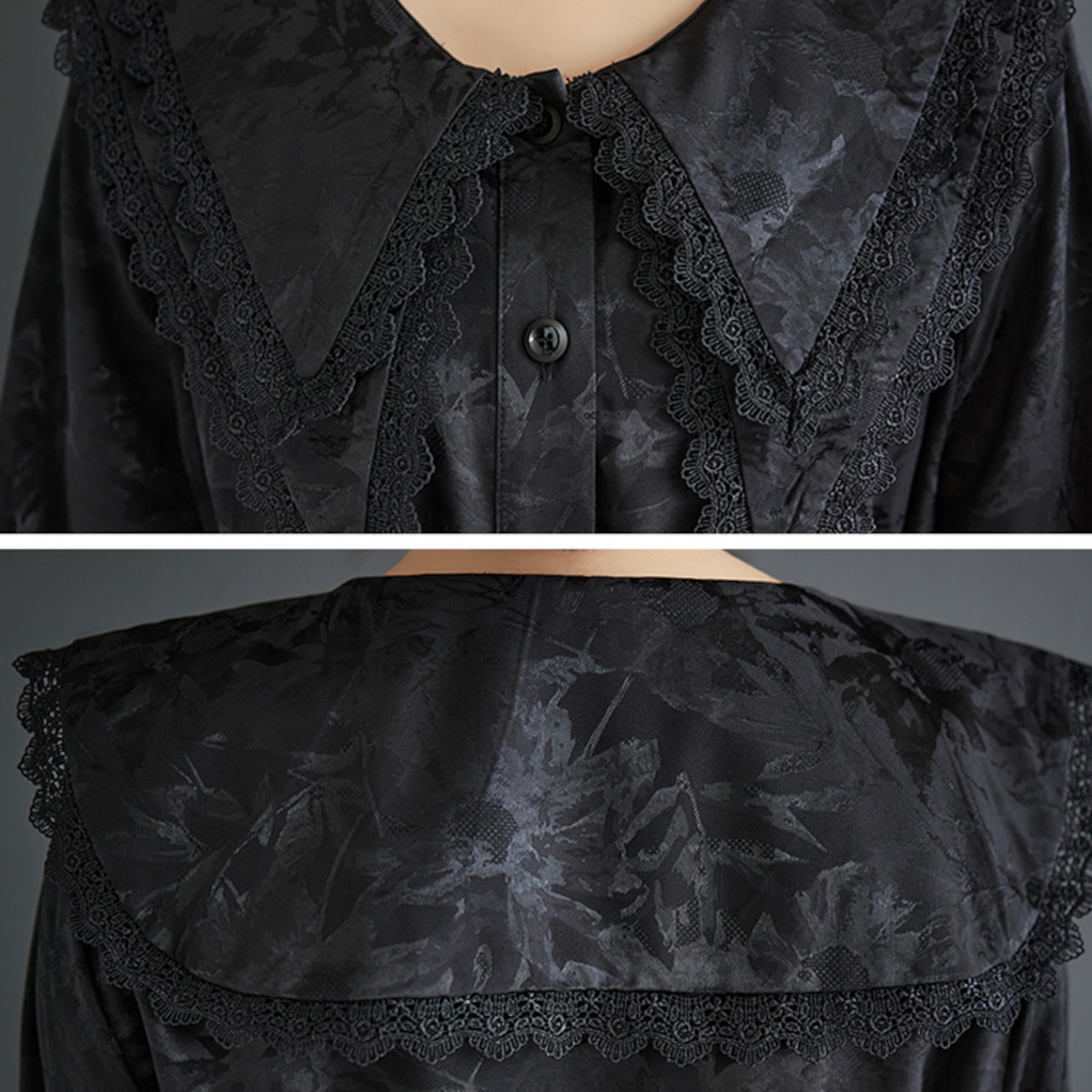 ジャガード ドールカラー ブラックワンピース 00035