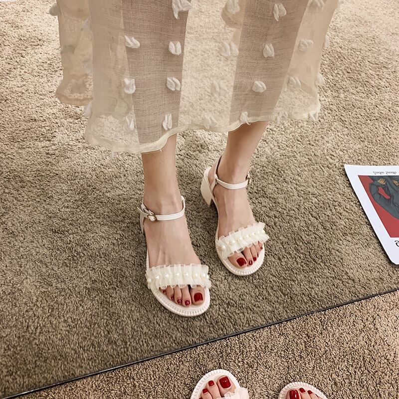 サンダルサマーレッドスタイルパールヒール ハイヒール 靴 シューズ 夏物 真珠 フェイクシューズ48324038174