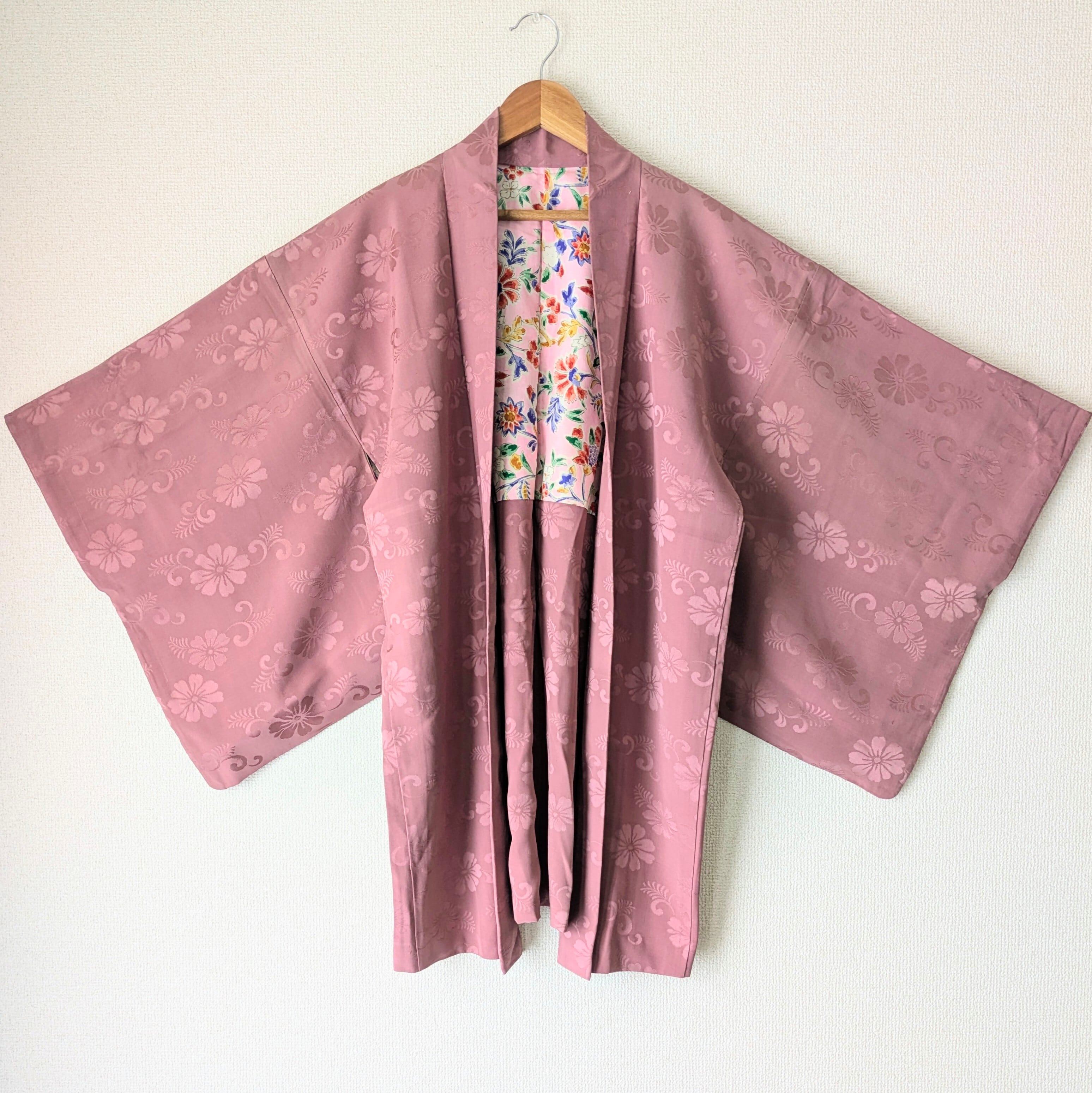 Vintage】HAORI 羽織 正絹 くすみピンク 花唐草 大正浪漫 古布 時代布