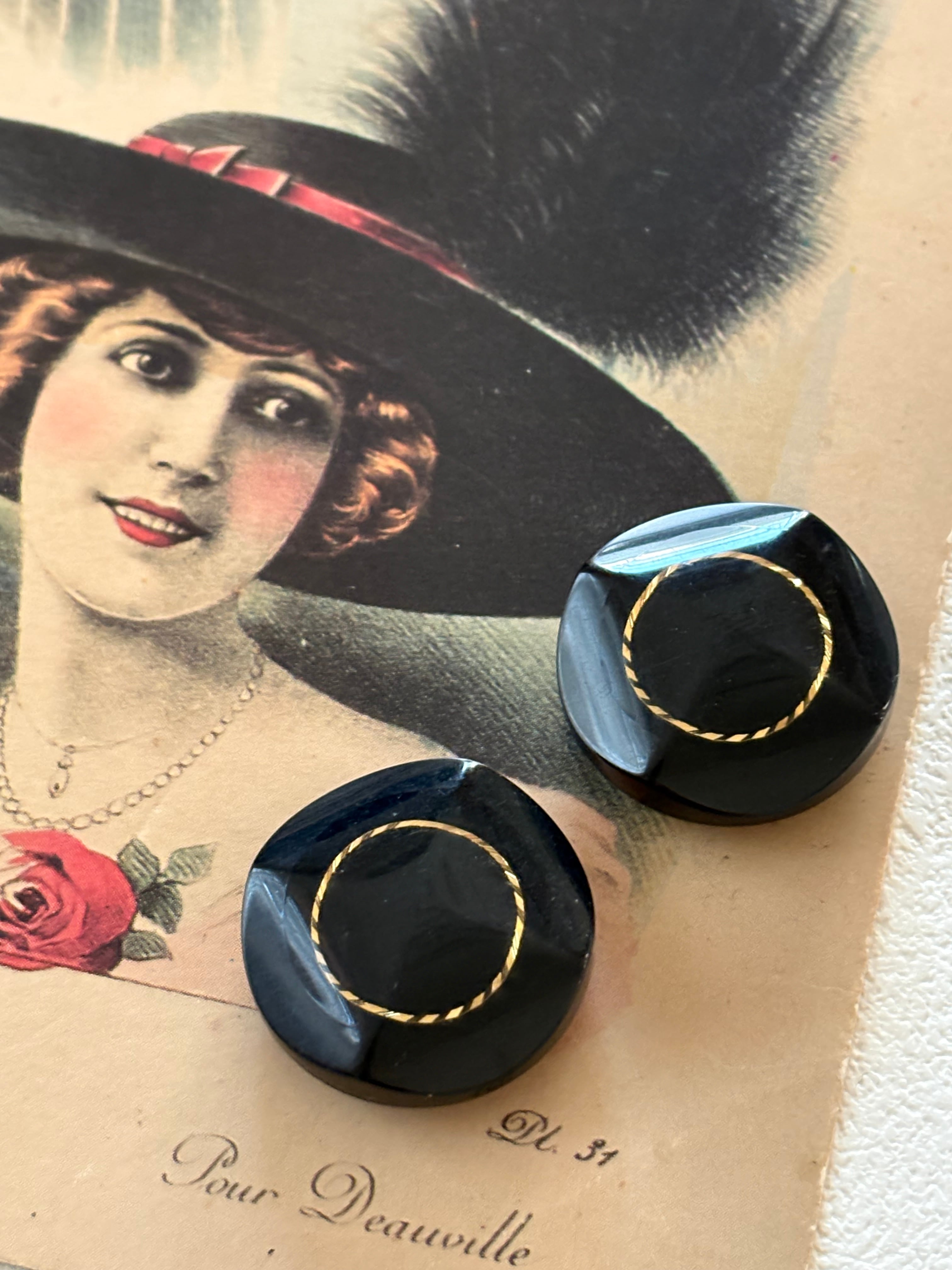 24mm Japanese ヴィンテージボタン ブラック×ゴールド ドーム型 樹脂ボタン アクセサリーパーツ 装飾材