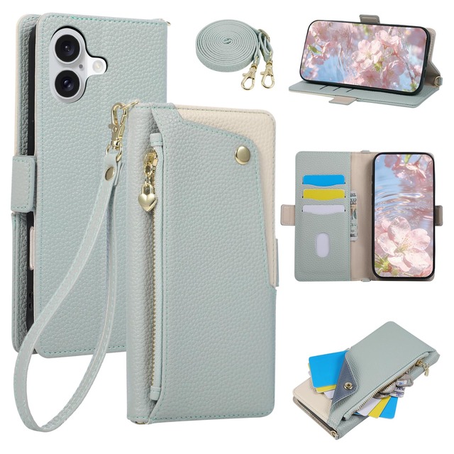 LBLB iPhone 16 用 ケース 手帳型 いphone16 ケース ショルダー 表面ポケット (ブルー)