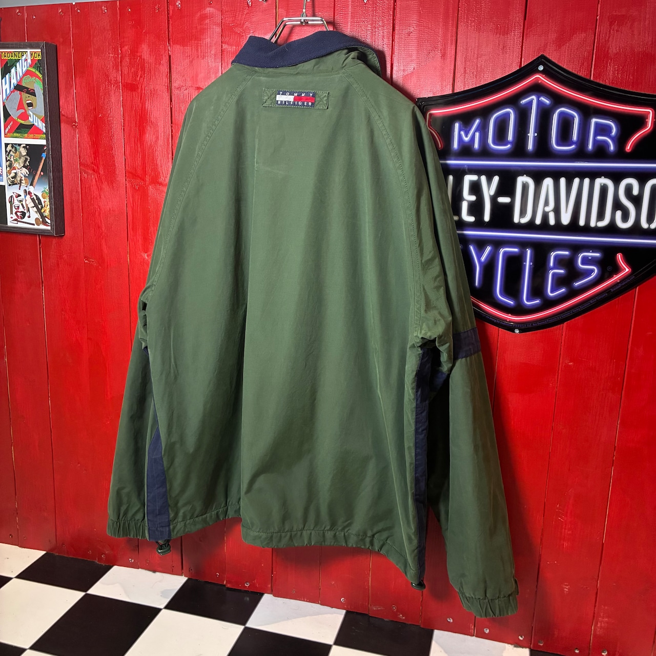 90s TOMMY HILFIGER ナイロンウォームアップジャケット カーキ×ネイビー ドローコード付き