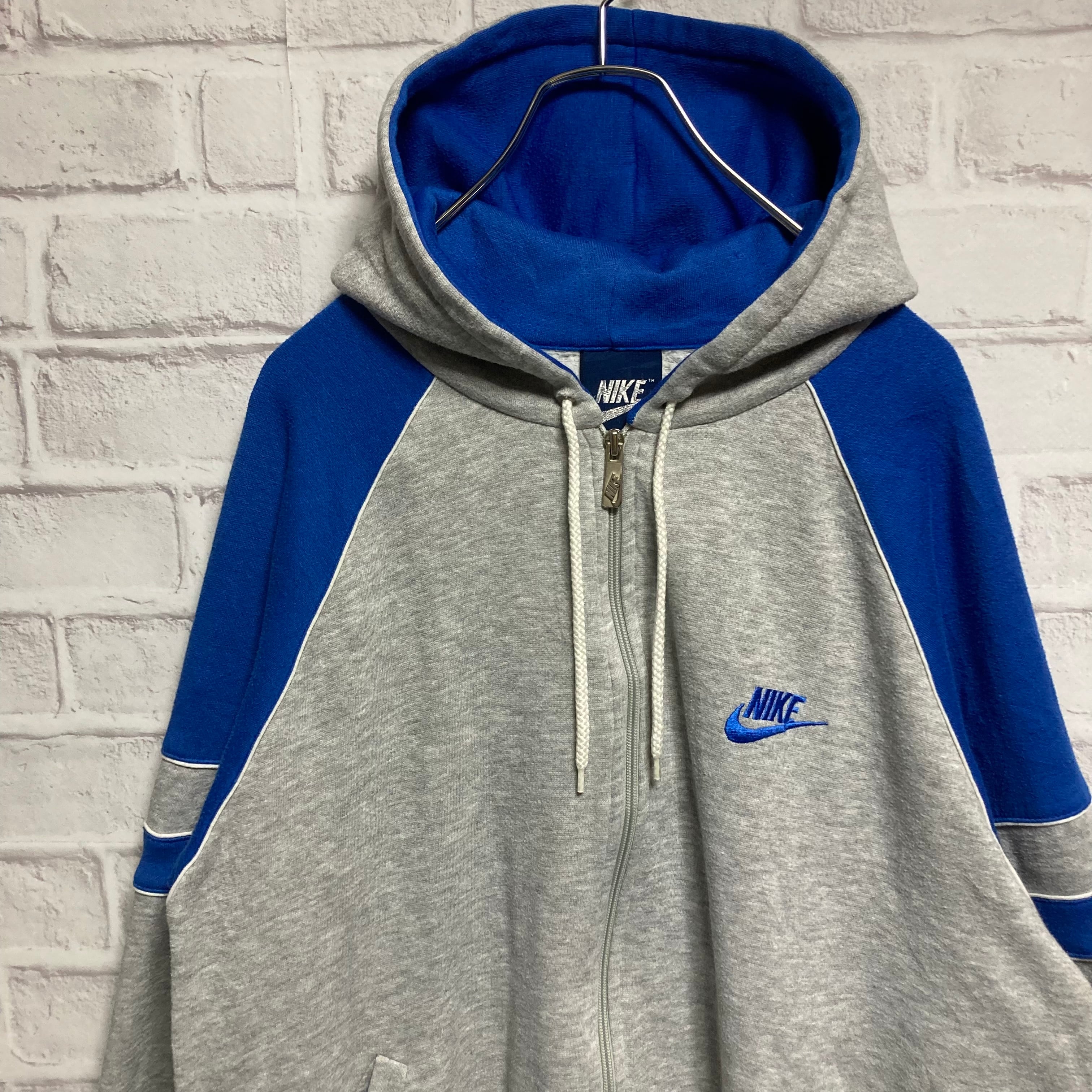 NIKE】Zip Hoodie XL 80s vintage 胸ロゴ ロゴ刺繍 紺タグ 切り返し