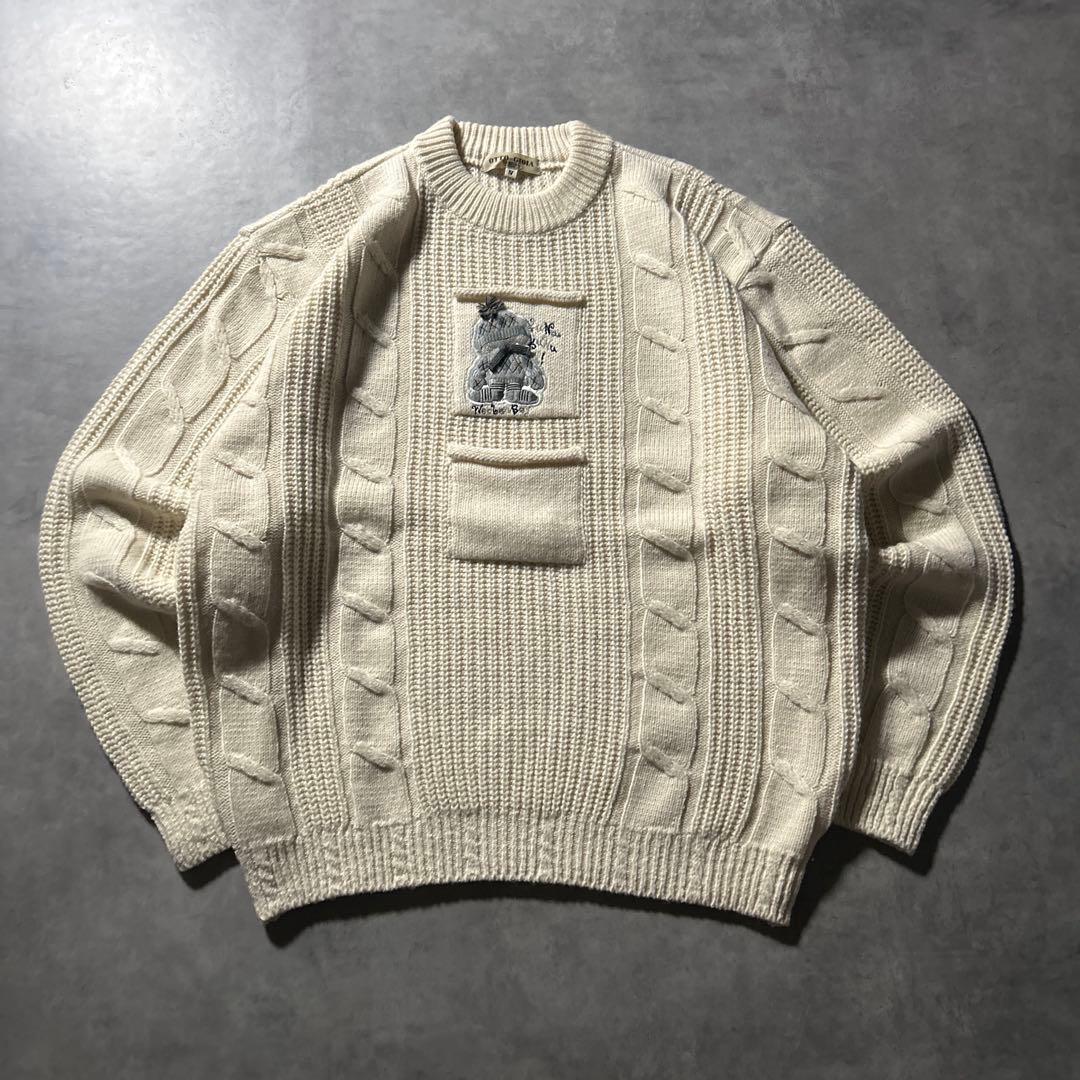 ヴィンテージ ワンポイントロゴ 刺繍 ポケット ノルディック ニット セーター