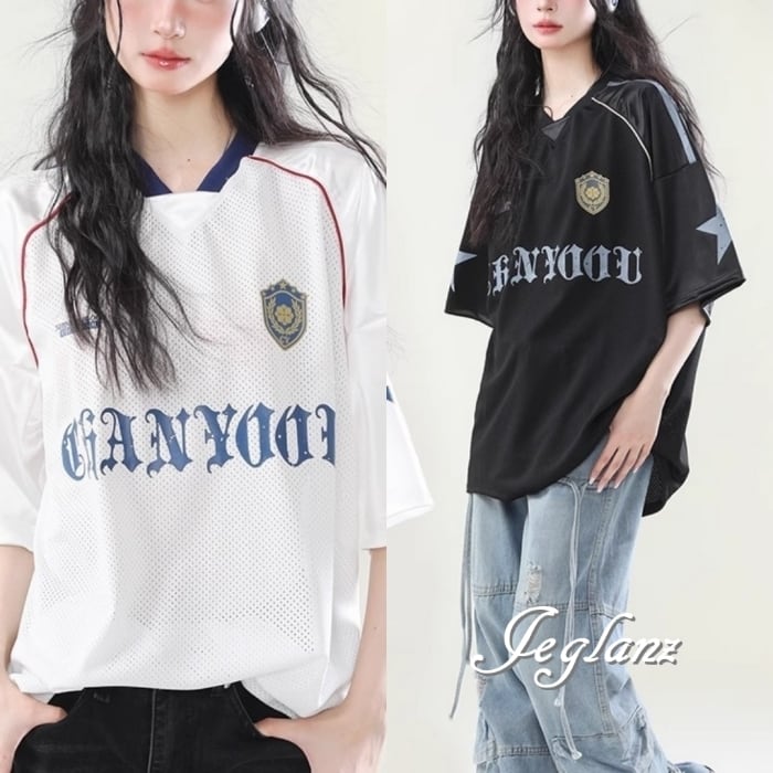 2色 メッシュ ロゴ Tシャツ Vネック ルーズ ユニセックス(MC826)β