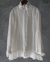 レトロフレンチリネンスタンドカラーレースシャツ