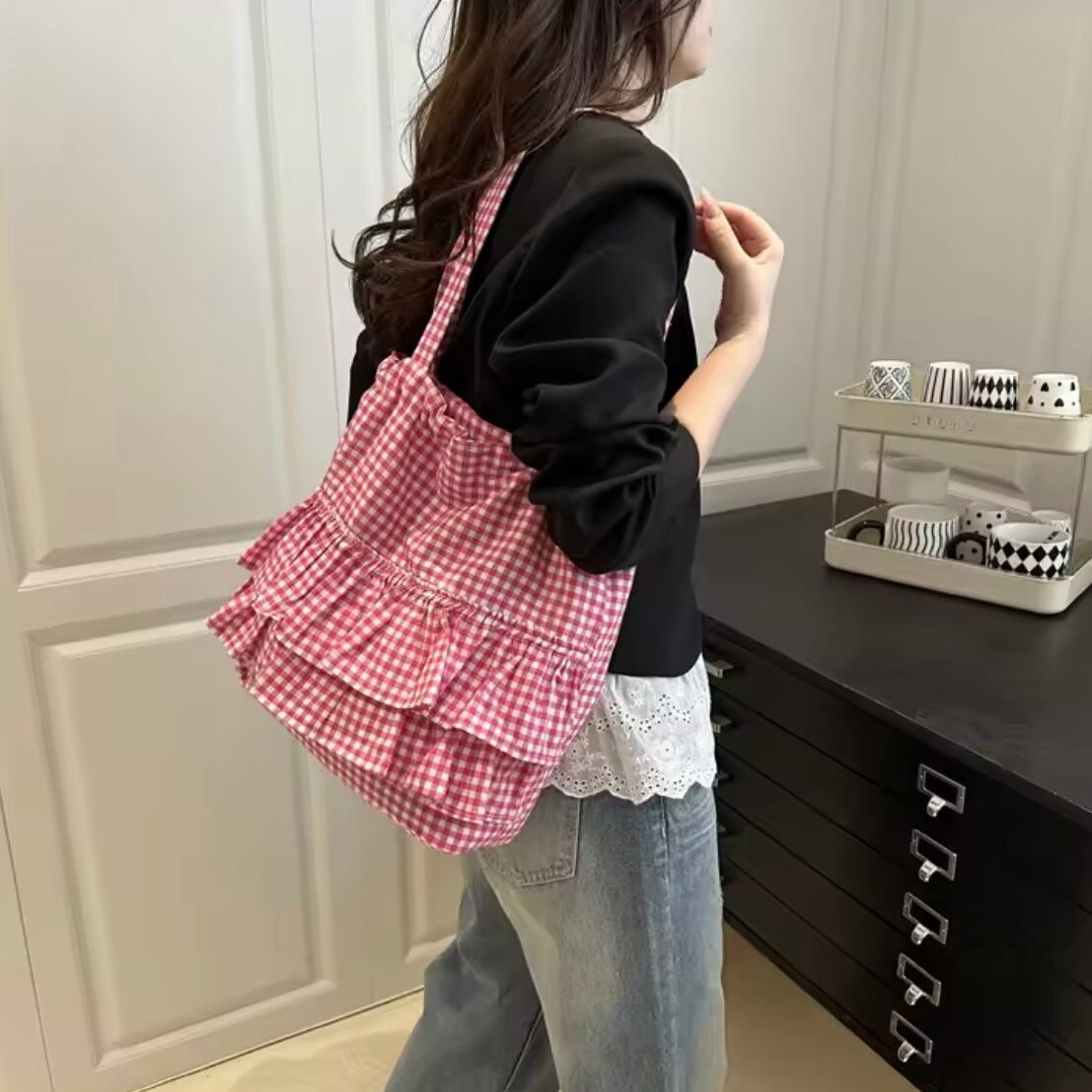 frill gingham check tote bag