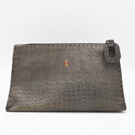 Embossing Leather Gray Pouch Bag By HENRY BEGUELIN / Italy