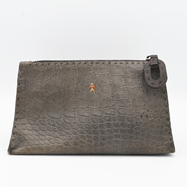 Embossing Leather Gray Pouch Bag By HENRY BEGUELIN / Italy