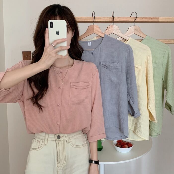 シャツ スプリングオータムスタンダード薄手スリーブトップス レトロ 春物 秋物 1号婦人62791376156