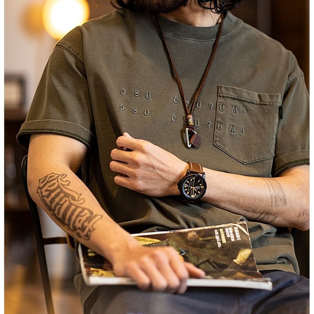 ウォッシュ加工刺繍ラウンドネック半袖Tシャツ 225238