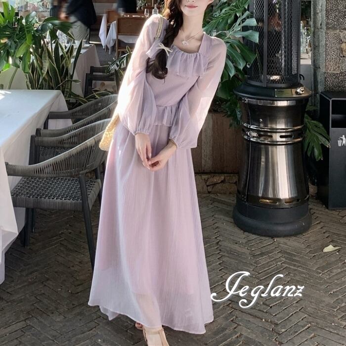 マキシ ワンピース ドレス フリルカラー 肌透け フェミニン(MB590)γα