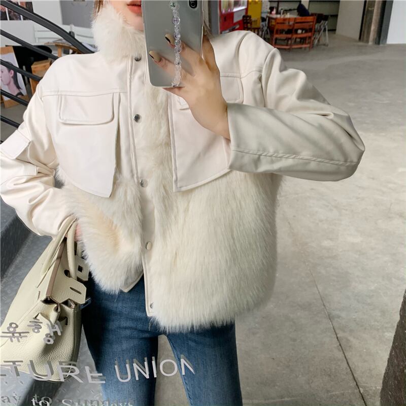 フェイクファージャケット レザーショートコート レディースウィンターベルベット 冬物 ブラックストロベリース34767780140