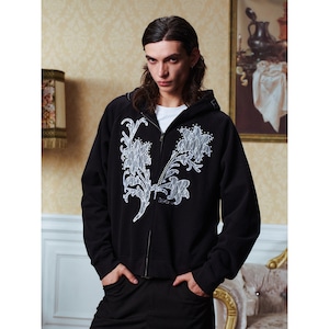 【DRIP6851】YAD CREW Lace Flower Pearl Embroidery Zip-Up Hoodie