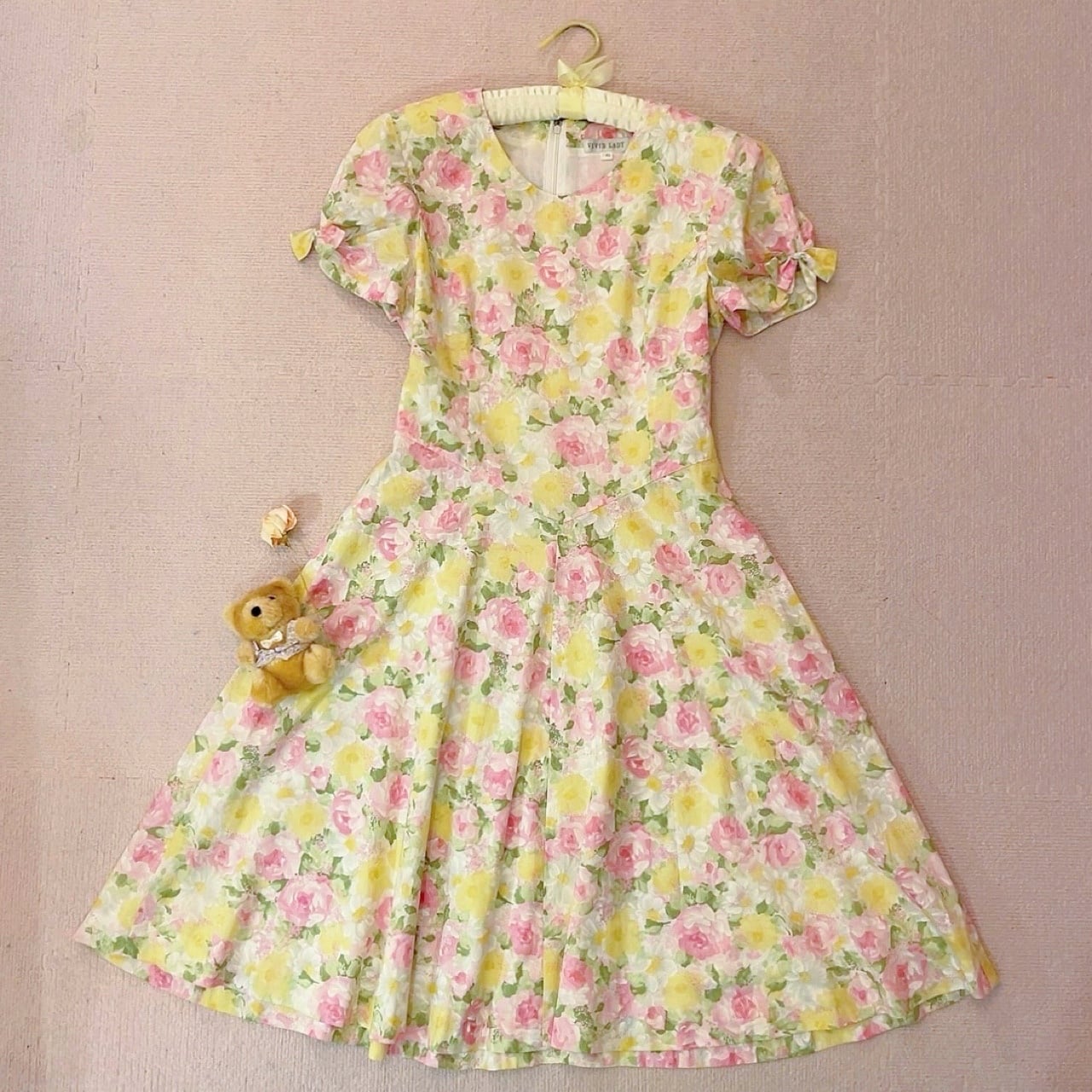 yellow pink flower ribbon sleeve one-piece