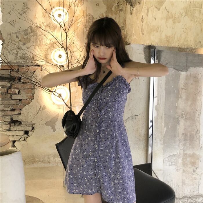 ドレス レディーススプリングショートスカート スタンダードフローラル レトロ 春物 花柄 パープル モンロー3622904298