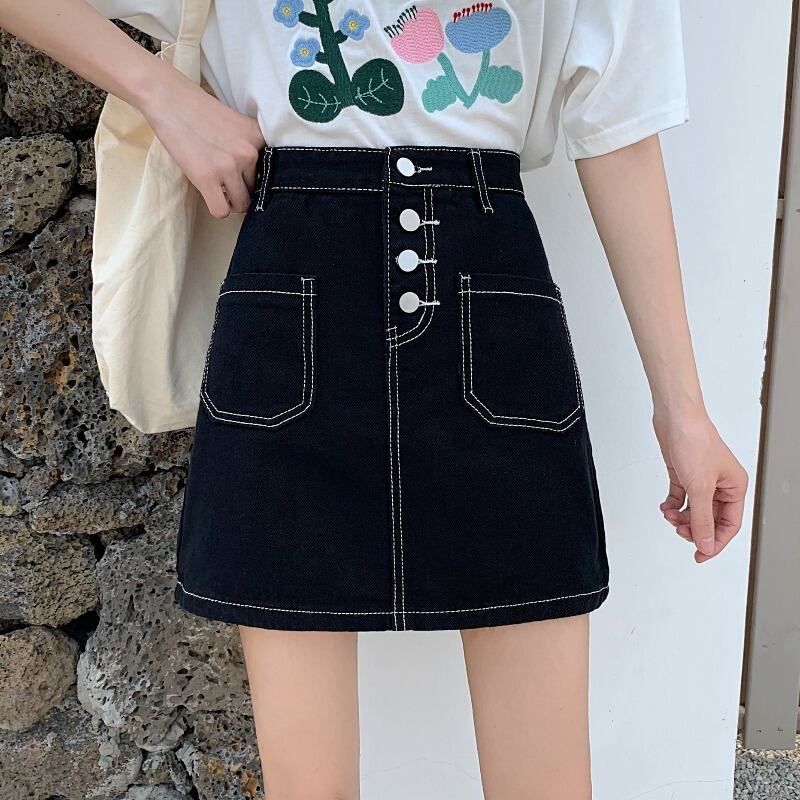 2020年夏のウィメンズオールマッチ薄手ハイウエストブレストデニムスカートAラインスカートブラックスカート 1号婦人67204686385