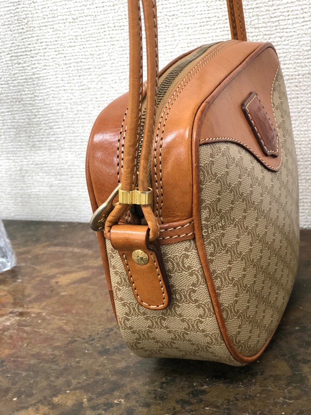 CELINE セリーヌ マカダム ブラゾン型押し ミニバッグ ショルダーバッグ ベージュ×ブラウン vintage ヴィンテージ オールドセリーヌ 453zb4