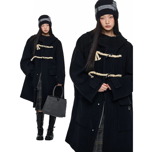 [JIKOO] black wool hooded long coat