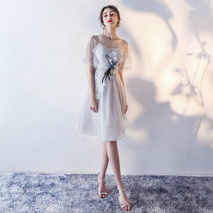 パーティードレス 膝丈 結婚式 お呼ばれ ワンピース 二次会 袖あり