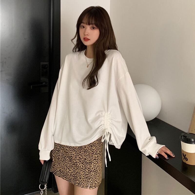 ギャザーホワイトTシャツ レディーススプリングスタイルルーズ薄手カジュアルプルオーバー トップス ロング レース 春物 レースアップ 萌量不足13099826251