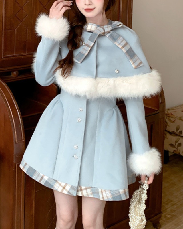 ファーケープチェックリボンガーリーコート　25W08175