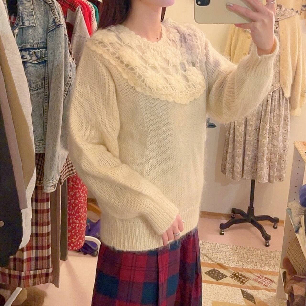 flower lace cream knit sweater