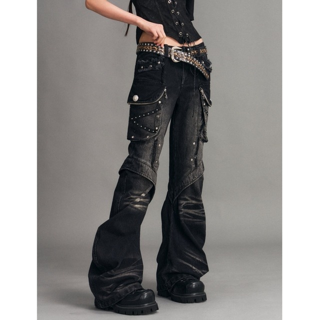 Rock-style flared denim jeans E7144