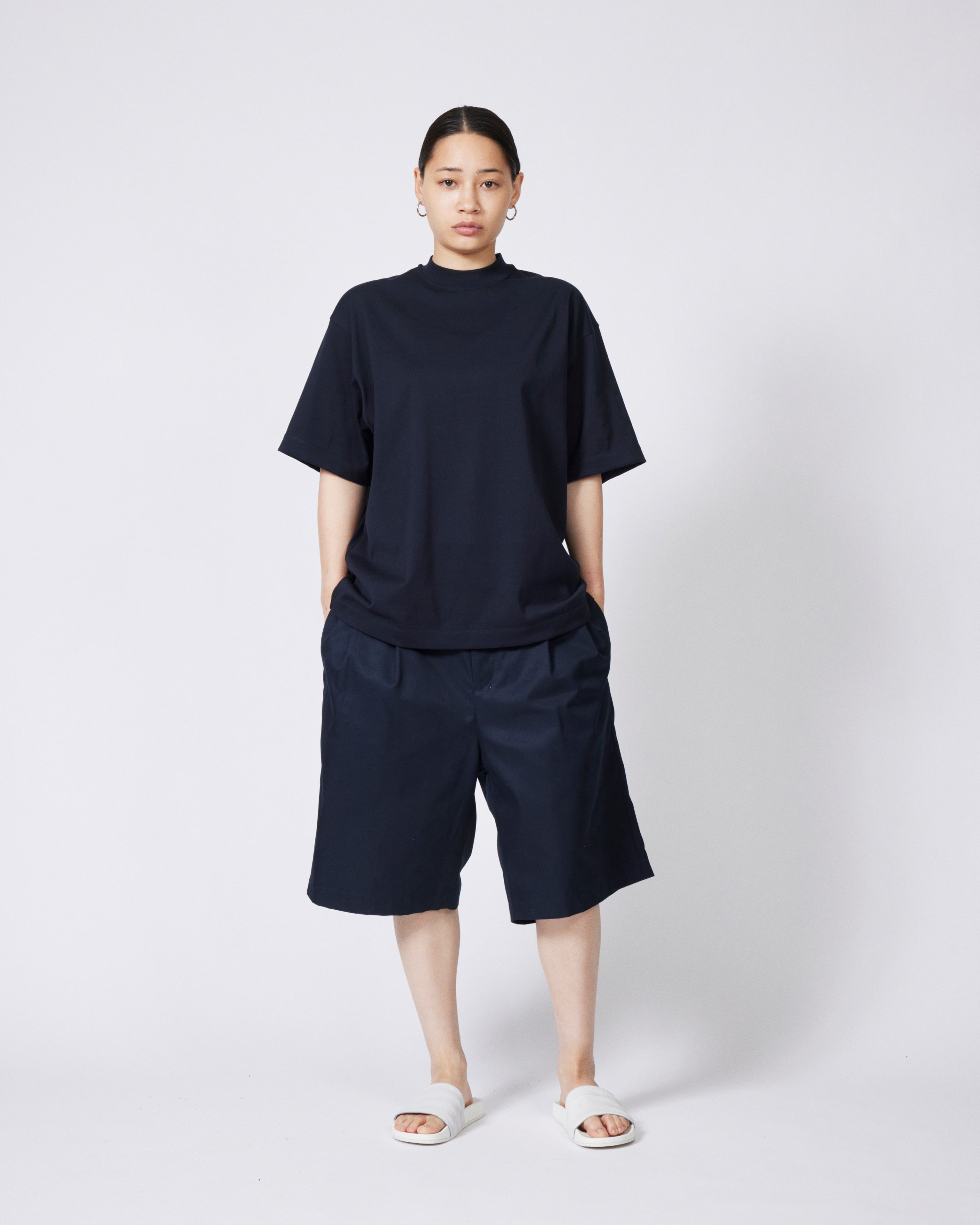everyone two tuck cotton wide short pants (D.NAVY) | everyone