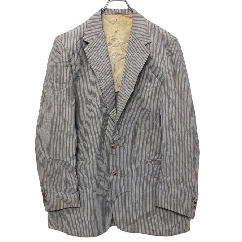 リネン ストライプ テーラード ジャケット M位 グレー 春夏 古着卸