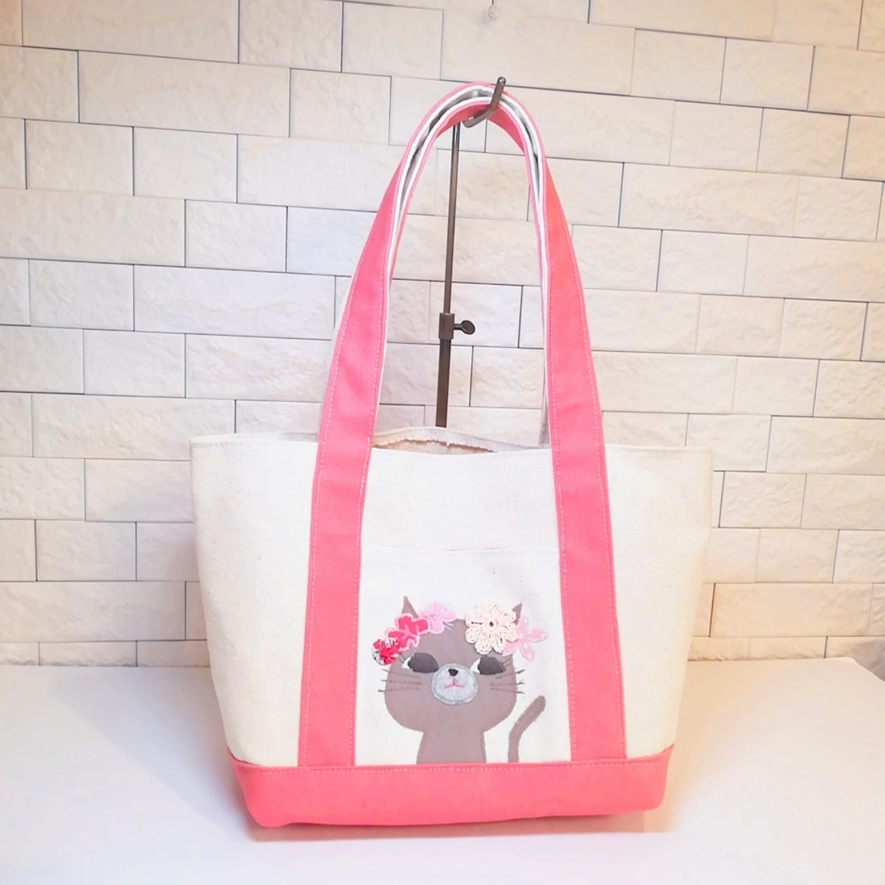 トートバッグ 少し小さめ 帆布 肩にかけられる！ ピンク×キナリ 猫