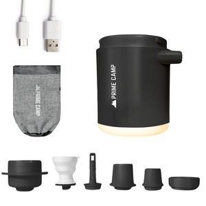 【人気】プライムキャンプ エアーポンプ 電動 空気入れ 超軽量 強力170L/分 【６つのノズル＆ライト付】 エアポンプ 1360mAh大容量バッテリー USB充電式 空気抜き インフレーターマット キャンプ 浮き輪