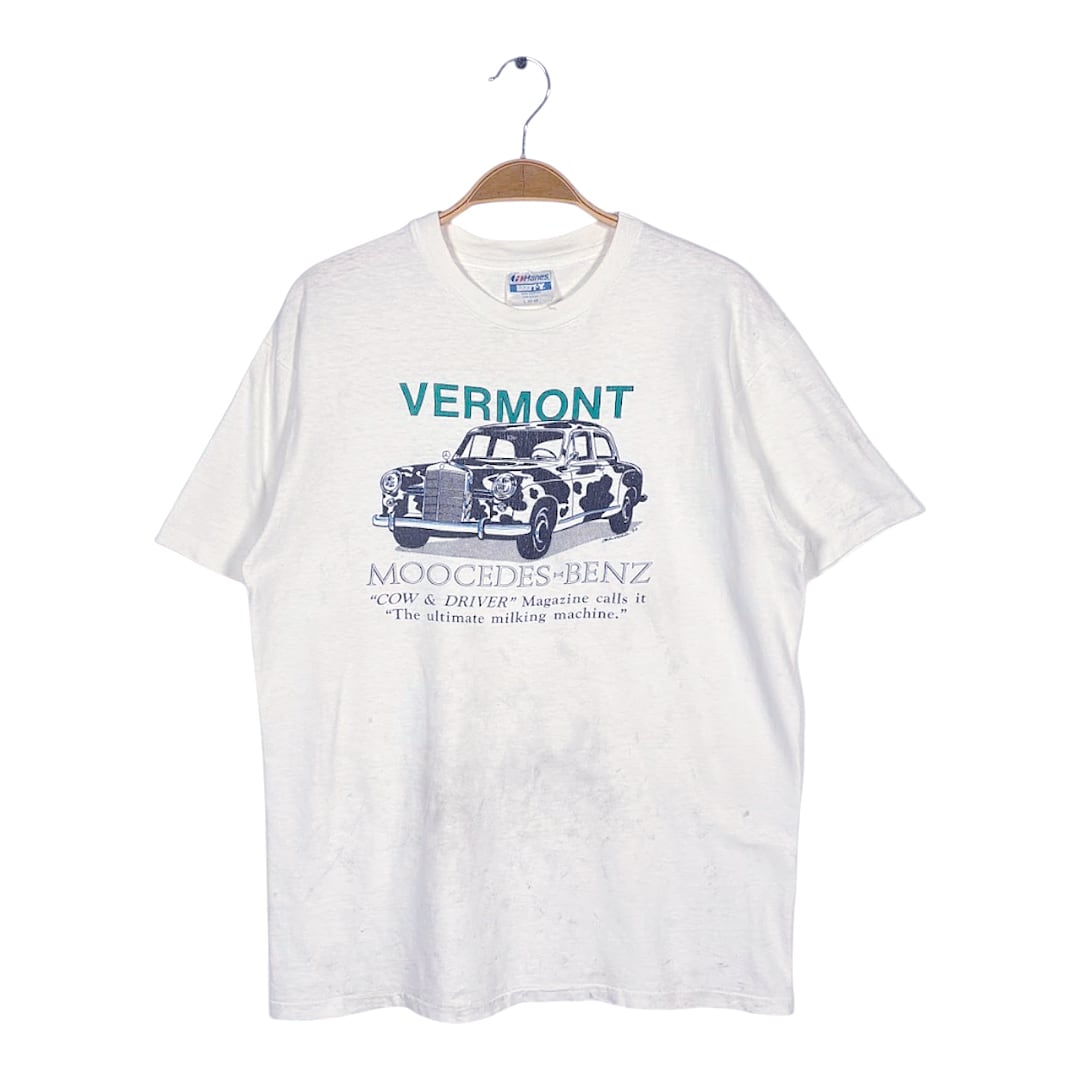 90s メルセデスベンツ クラッシックカー USA製 ヴィンテージ Tシャツ 牛柄ベンツ ホワイト シングステッチ ヘインズ HANES サイズL BZ0609