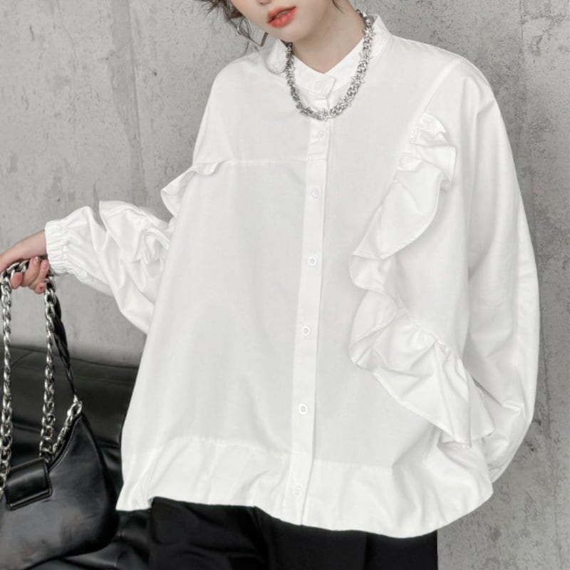 フリルレースアップドルマンスリーブシャツ BL0402