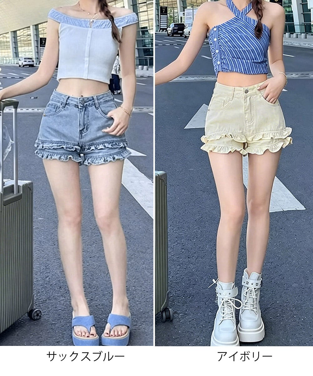 フリルショートパンツデニム ハイウエスト 裾フリルデニムショーパン