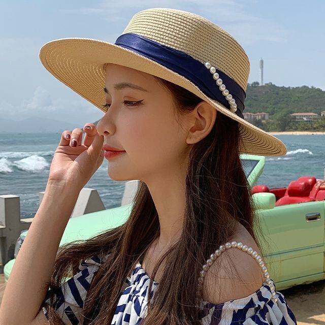 【予約販売】麦わら帽子 パール ストローハット カンカン帽 レディース UVカット アウトドア 日焼け防止 紫外線 オフホワイト ベージュ ネイビー 女優帽 こなれ感 お洒落 韓国 トレンド