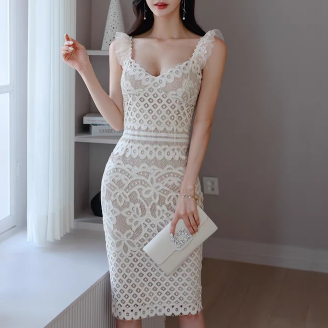 レース切り替え タイトシルエットミディアムドレス◇MD0018